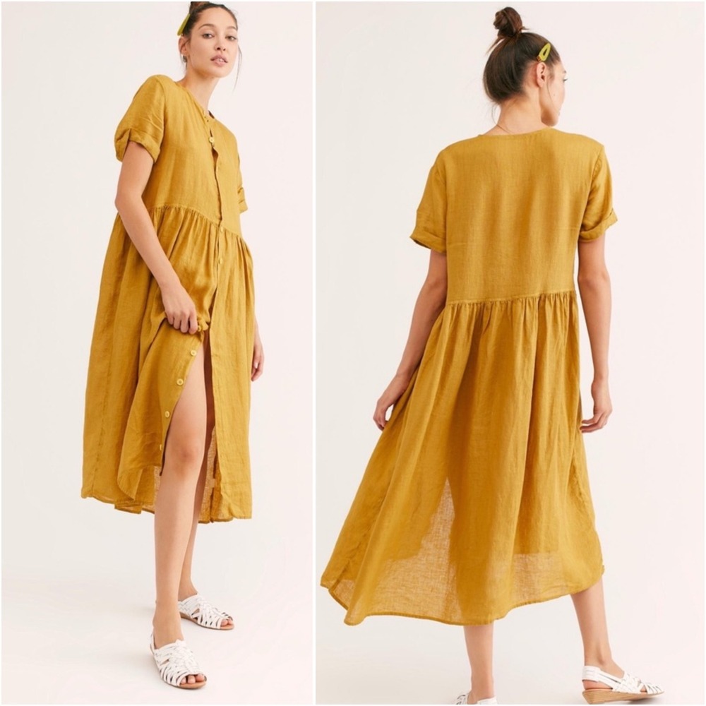 Free People x CP Shades Lou Lou Linen Midi Dress Boho Mustard Yellow Medium